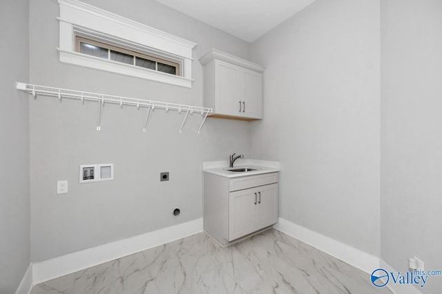 clothes washing area with washer hookup, sink, cabinets, and electric dryer hookup