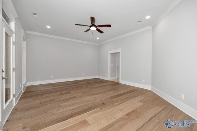 unfurnished room featuring crown molding, ceiling fan, and light hardwood / wood-style flooring