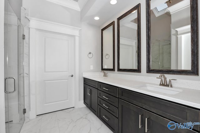 bathroom featuring crown molding, vanity, and a shower with shower door