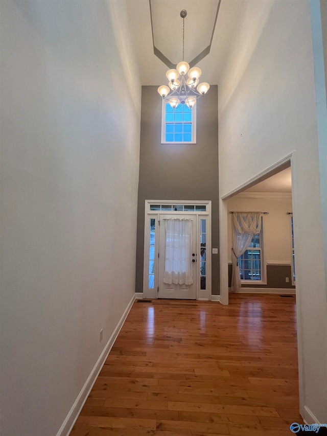 foyer featuring an inviting chandelier, wood-type flooring, and a high ceiling