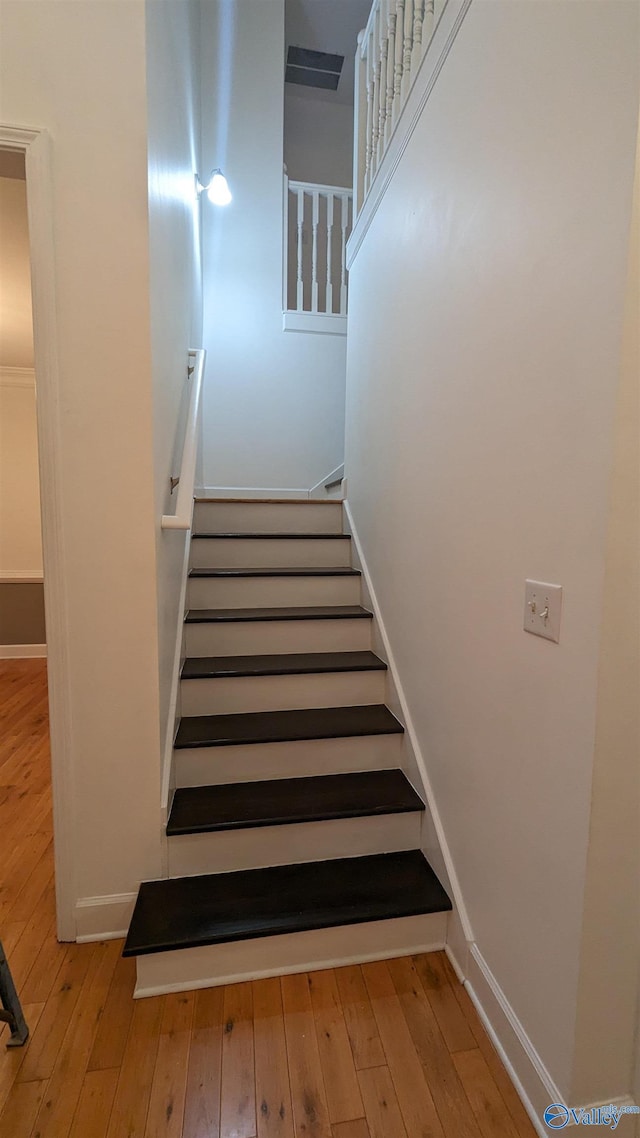 stairs with light hardwood / wood-style flooring