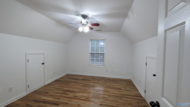 bonus room featuring lofted ceiling, ceiling fan, and hardwood / wood-style floors