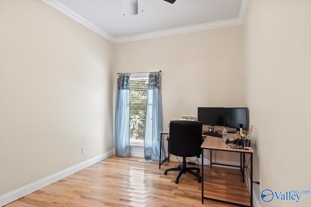 office space featuring light hardwood / wood-style flooring, ceiling fan, and crown molding