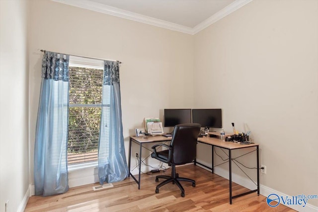 home office featuring light hardwood / wood-style flooring, plenty of natural light, and crown molding