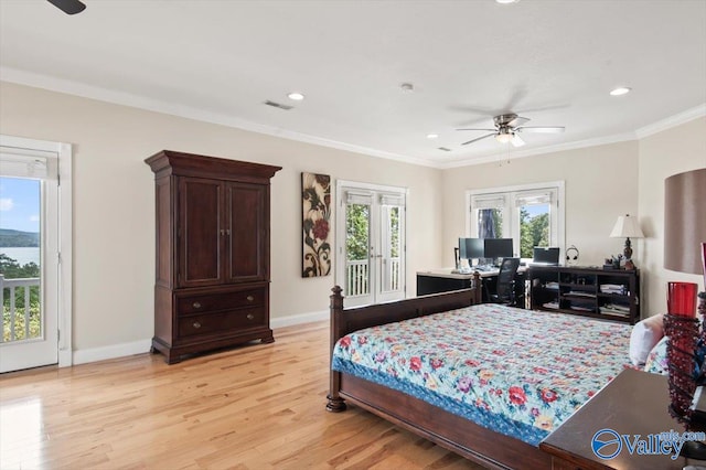 bedroom with light hardwood / wood-style flooring, ornamental molding, ceiling fan, and access to exterior