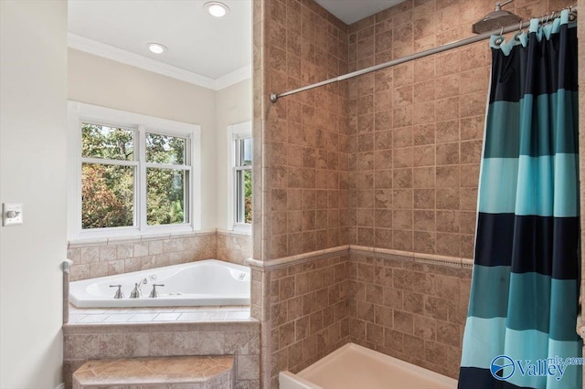 bathroom with shower with separate bathtub and ornamental molding