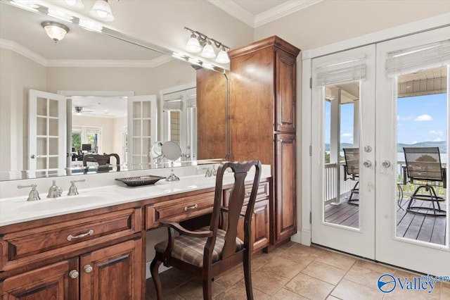 bathroom featuring french doors and crown molding