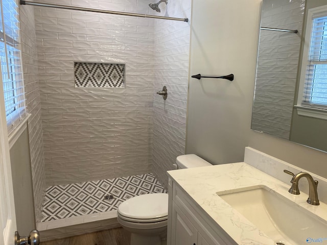bathroom featuring vanity, a stall shower, and toilet