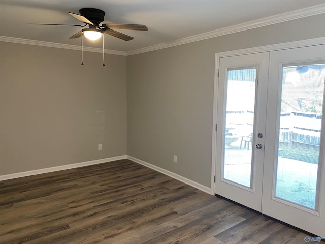 unfurnished room featuring baseboards, dark wood-style flooring, ornamental molding, a ceiling fan, and french doors