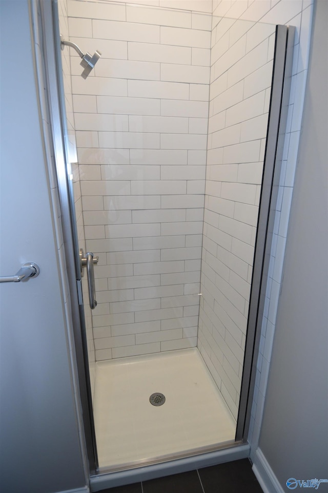 bathroom featuring a shower with shower door