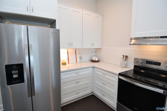 kitchen with ventilation hood, appliances with stainless steel finishes, decorative backsplash, and white cabinets