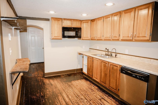 509 2nd Ave SW, Arab, AL 35016 - kitchen featuring black microwave, stainless steel dishwasher, dark wood-style flooring, light countertops, and recessed lighting