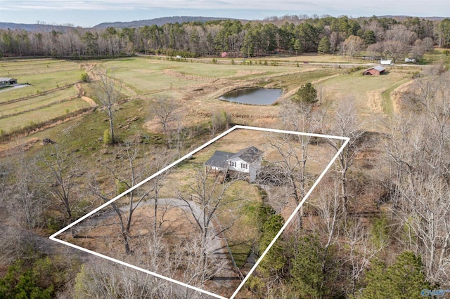 bird's eye view featuring a water view, a rural view, and a forest view