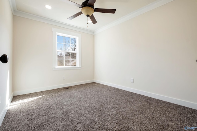 empty room featuring recessed lighting, ornamental molding, carpet, baseboards, and a ceiling fan
