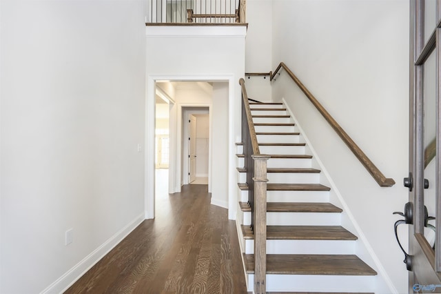 foyer featuring a towering ceiling and dark wood-type flooring