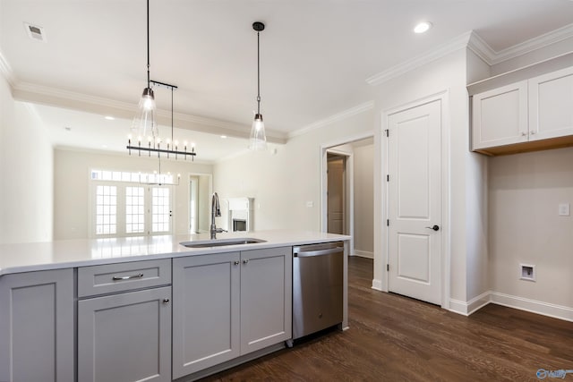 kitchen featuring sink, gray cabinetry, ornamental molding, dishwasher, and pendant lighting