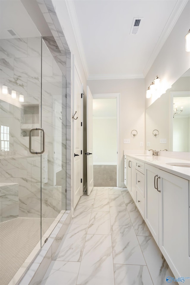 bathroom with crown molding, vanity, and walk in shower