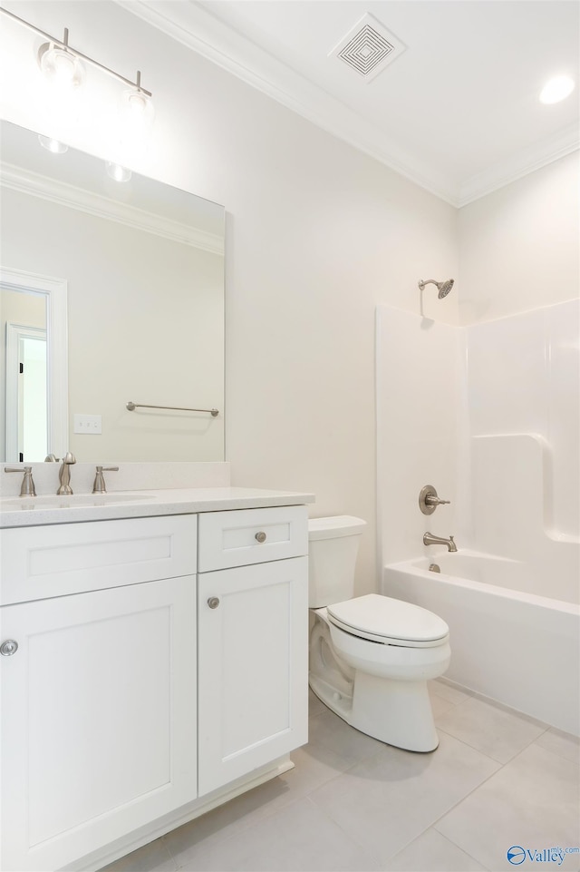 full bathroom featuring shower / bath combination, vanity, toilet, crown molding, and tile patterned floors