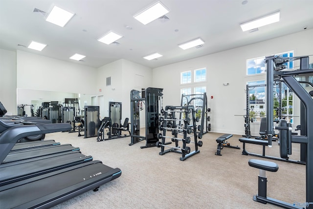 exercise room with a towering ceiling, a healthy amount of sunlight, and light carpet