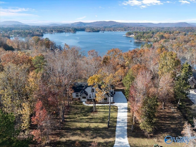 birds eye view of property with a water and mountain view