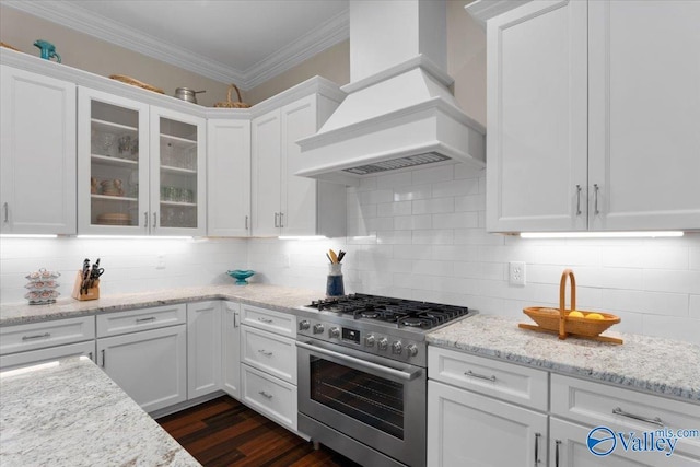 kitchen featuring white cabinets, custom exhaust hood, decorative backsplash, and high end stainless steel range