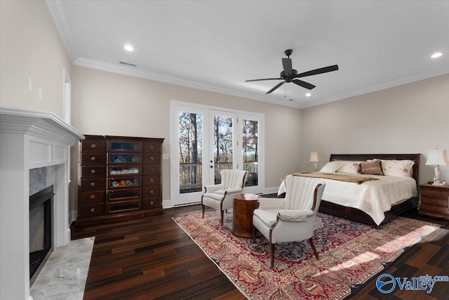 bedroom with access to outside, ceiling fan, dark hardwood / wood-style flooring, and ornamental molding