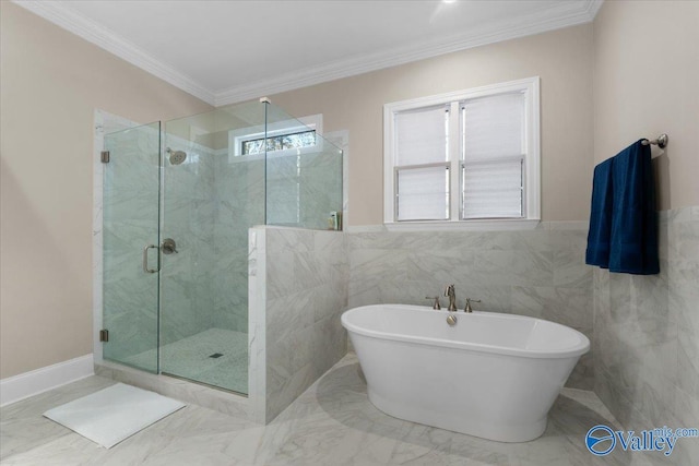 bathroom featuring plus walk in shower, tile walls, and ornamental molding