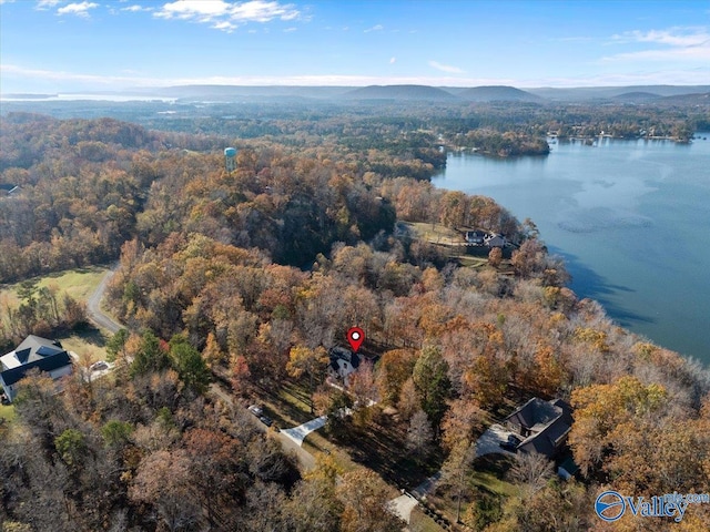 bird's eye view with a water and mountain view