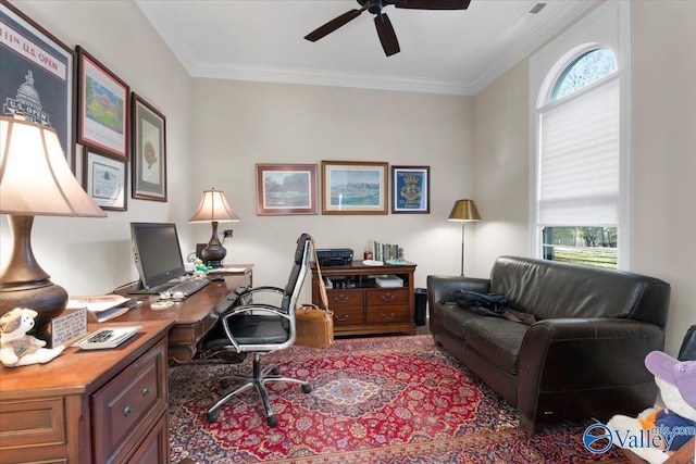 office area featuring ceiling fan and ornamental molding