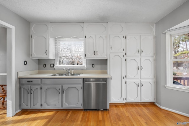 kitchen with sink, a textured ceiling, white cabinets, and dishwasher