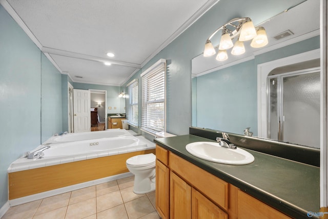 full bathroom with crown molding, separate shower and tub, vanity, tile patterned floors, and toilet