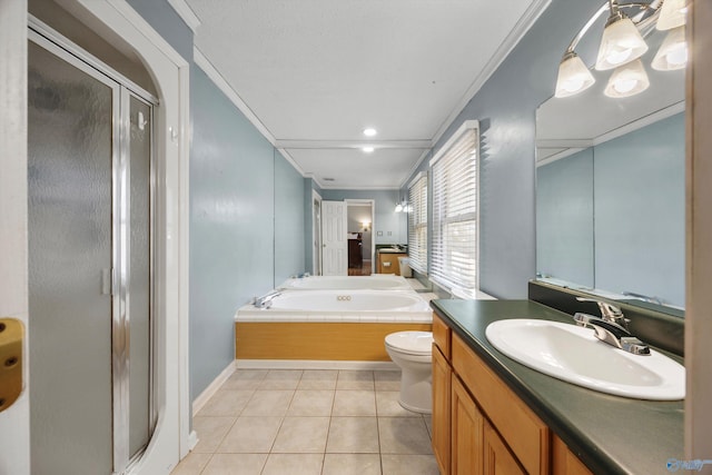 full bathroom featuring tile patterned floors, ornamental molding, toilet, and vanity