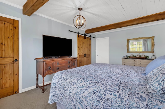 bedroom with a barn door, carpet, beamed ceiling, baseboards, and a notable chandelier
