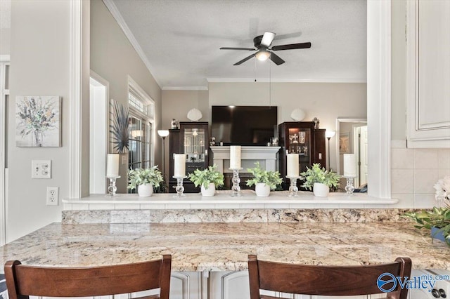 kitchen featuring crown molding, open floor plan, and ceiling fan