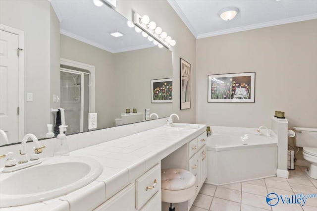 full bathroom with toilet, ornamental molding, a bath, tile patterned floors, and a sink