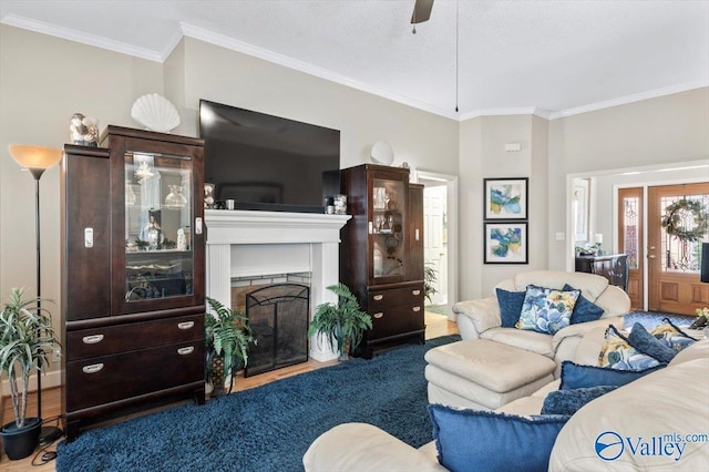 living area featuring crown molding, wood finished floors, a fireplace, and ceiling fan