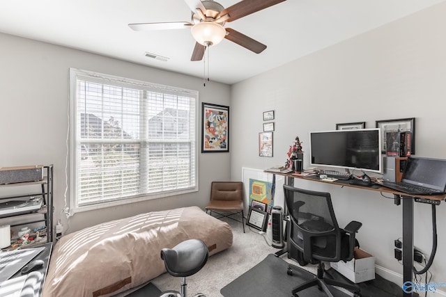 office space featuring carpet flooring, a wealth of natural light, and ceiling fan