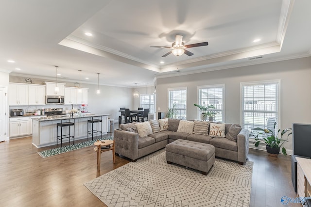 living room featuring a raised ceiling, light wood-type flooring, and crown molding