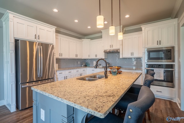 25366 Nettlebrooke Dr, Athens, AL 35613 - kitchen with white cabinets, stainless steel appliances, a kitchen breakfast bar, a sink, and crown molding