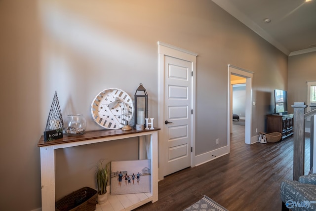 25366 Nettlebrooke Dr, Athens, AL 35613 - interior space featuring ornamental molding, baseboards, and dark wood-style flooring
