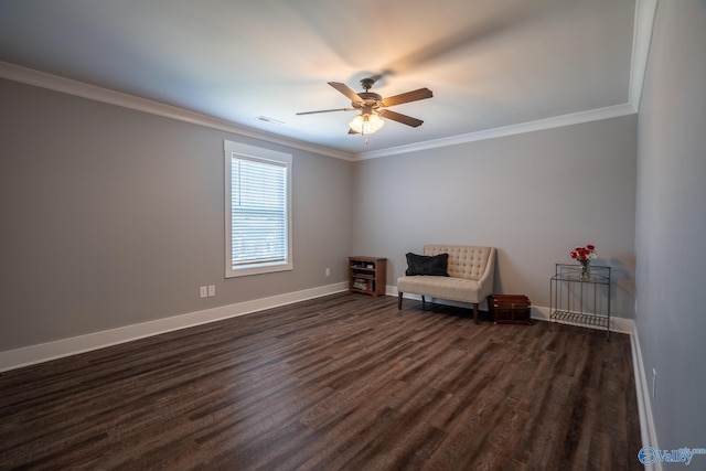 25366 Nettlebrooke Dr, Athens, AL 35613 - unfurnished room with dark wood-style floors, baseboards, visible vents, a ceiling fan, and ornamental molding