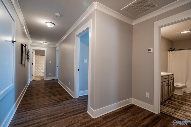 25366 Nettlebrooke Dr, Athens, AL 35613 - corridor with dark wood-type flooring, visible vents, baseboards, and ornamental molding