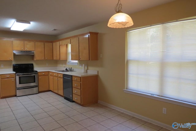 kitchen with light tile patterned floors, sink, decorative light fixtures, dishwasher, and stainless steel electric range oven