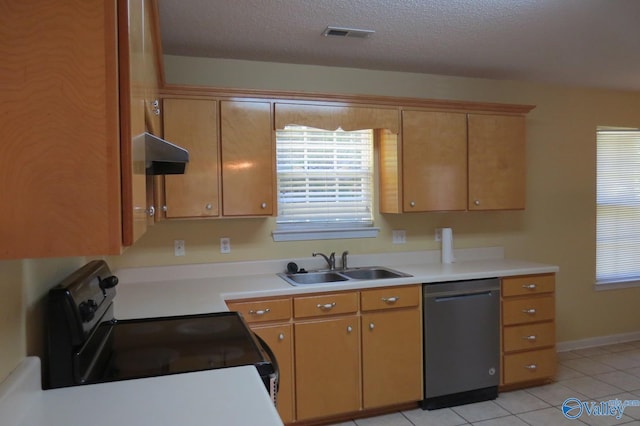 kitchen featuring extractor fan, sink, stainless steel dishwasher, black electric range oven, and light tile patterned floors