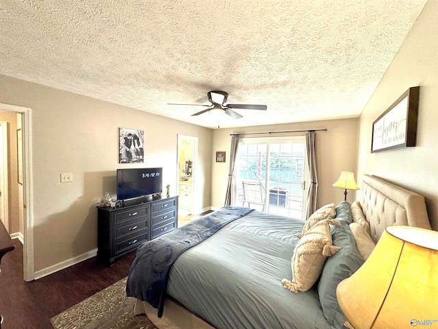 bedroom featuring a textured ceiling, access to outside, ceiling fan, and dark wood-type flooring