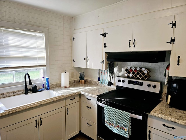 kitchen featuring tasteful backsplash, ventilation hood, sink, white cabinetry, and stainless steel range with electric cooktop