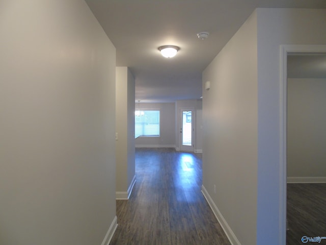 hall featuring dark wood-type flooring and baseboards