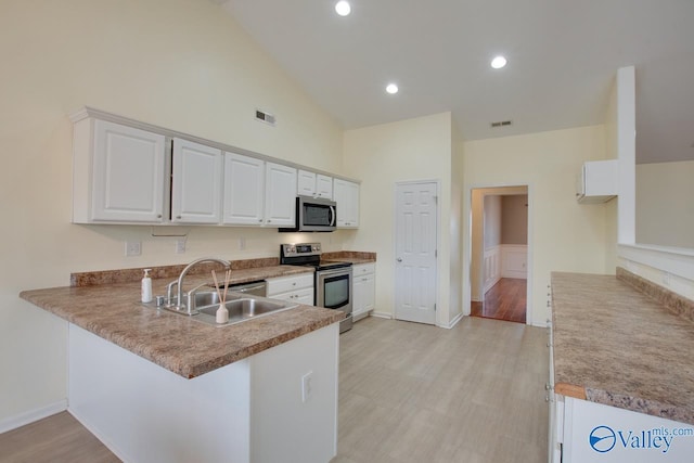 kitchen featuring visible vents, appliances with stainless steel finishes, a peninsula, white cabinetry, and a sink