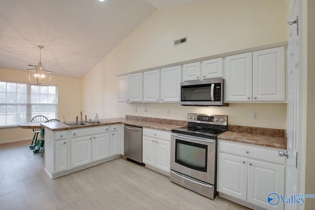 kitchen featuring a peninsula, a sink, visible vents, white cabinetry, and appliances with stainless steel finishes