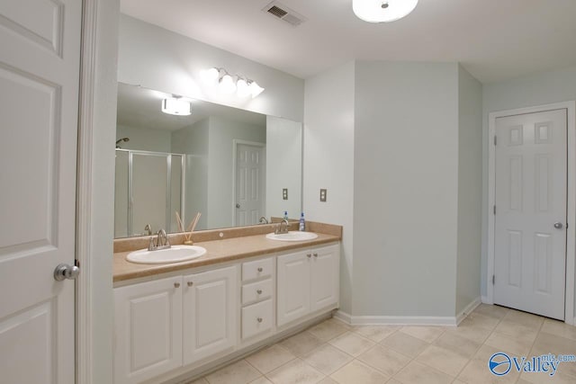 full bathroom featuring tile patterned flooring, visible vents, a sink, and a shower stall